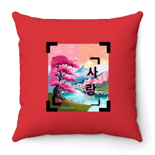 Japan Landscape With Cherry BlossomTree (Vintage) Throw Pillows