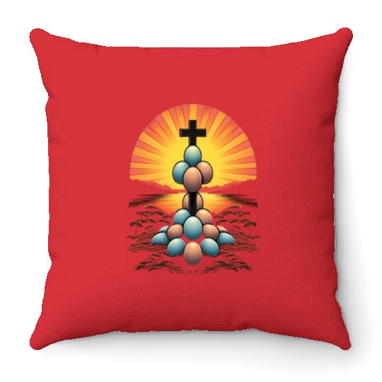 Christian Easter Day Cross Easter Egg Hunt Throw Pillows
