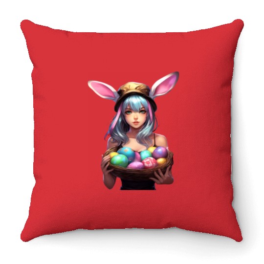 Easter Day Anime Girl Bunny Ear Easter Egg Hunt Throw Pillows