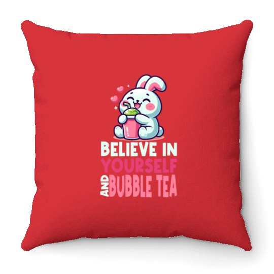 Kawaii Rabbit Bubble Tea Believe In Yourself Throw Pillows