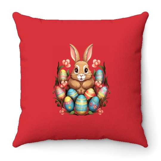 Easter Bunny Rabbit Colorful Eggs Easter Egg Hunt Throw Pillows