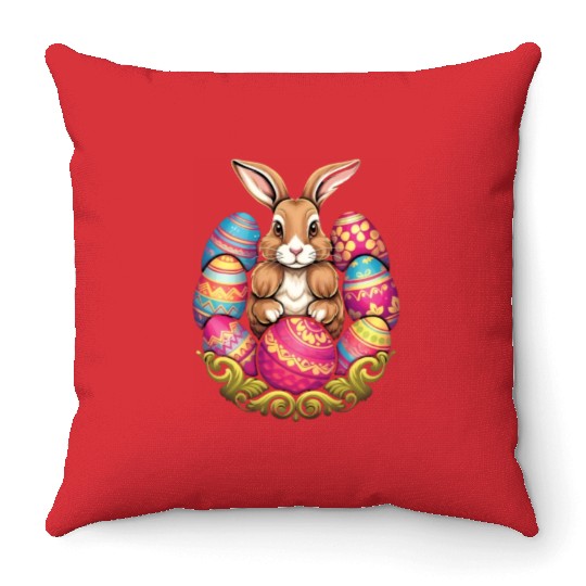 Easter Bunny Rabbit Colorful Eggs Easter Egg Hunt Throw Pillows