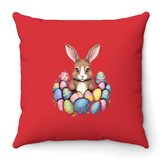 Easter Bunny Rabbit Colorful Eggs Easter Egg Hunt Throw Pillows