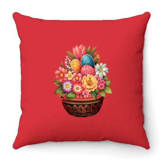 Easter Day Easter Egg Basket Spring Flowers Throw Pillows
