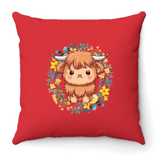 Cute Baby Highland Cow With flowers Calf Animal Throw Pillows