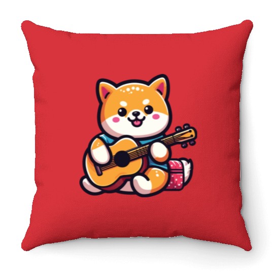 Cute Shiba Inu Playing Guitar Geek Cartoon Throw Pillows