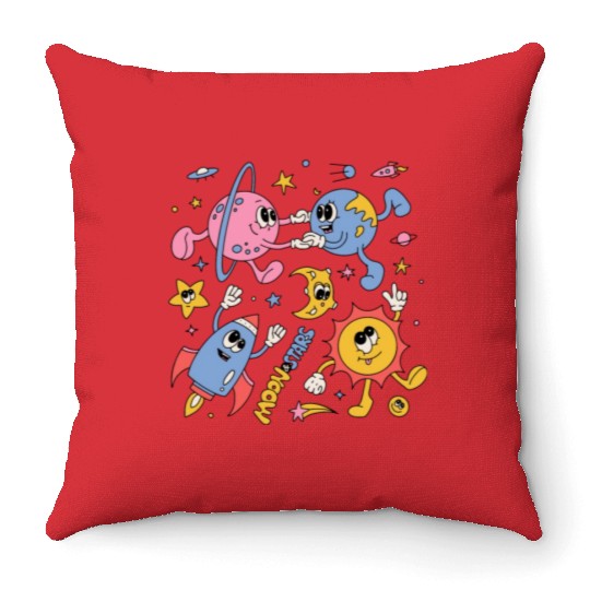 Solar System Planets Moon Sun Saturn Cute Groovy Throw Pillows