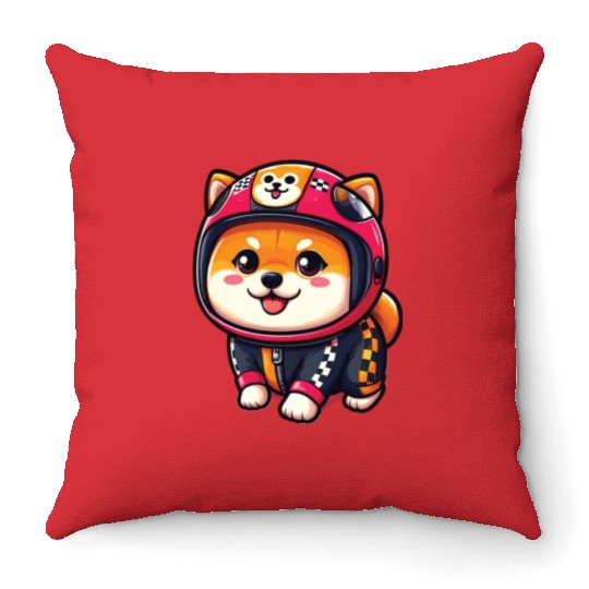 Cute Shiba Inu With Helmet for Racing Car Throw Pillows