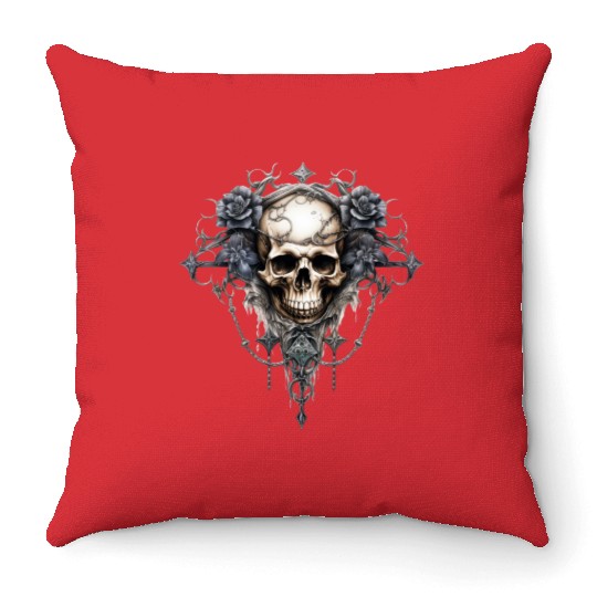 Gothic Art Print with Skull and Roses Throw Pillows