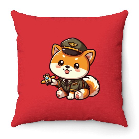 Cute Shiba Inu Pilot Playing Airplane Toys Throw Pillows