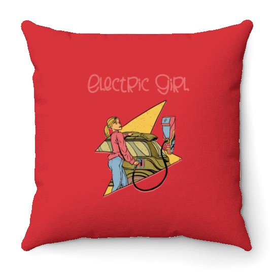 Electric Girl EV Driver Electric Vehicle Throw Pillows