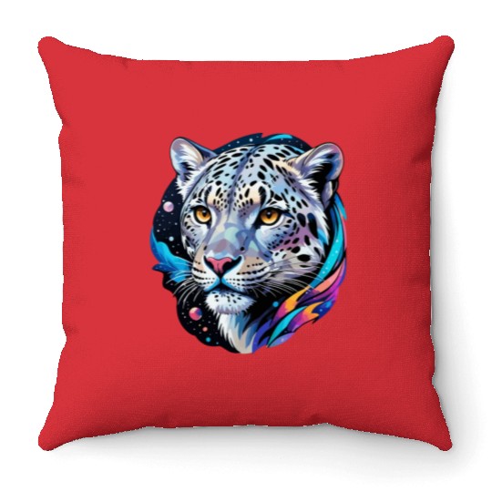 Cosmic Snow Leopard - Ethereal Animal Portrait Throw Pillows