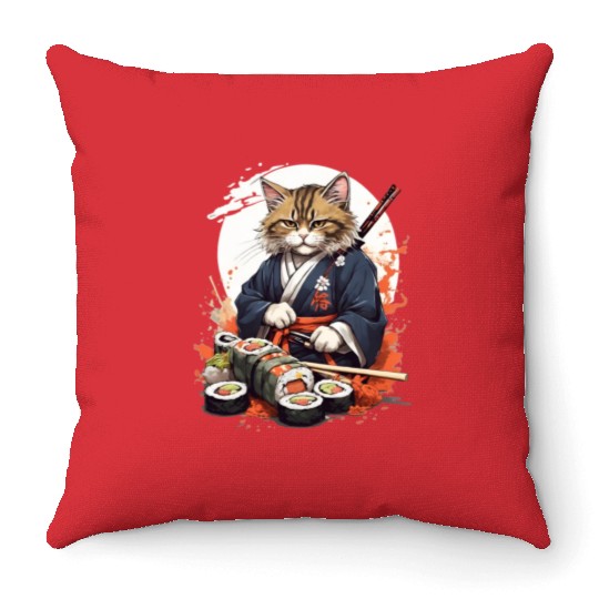 Cat Samurai Sushi Throw Pillows