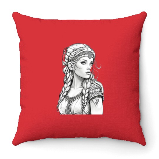 Viking female hairstyles grayscale Throw Pillows