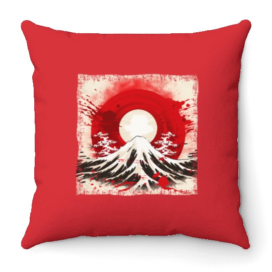 Kyoto Mountains: Flag, Volcano, and Blood Moon Throw Pillows