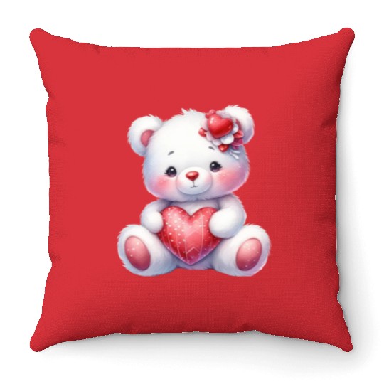White Teddy Bear Love Valentine's Day Red Heart Throw Pillows