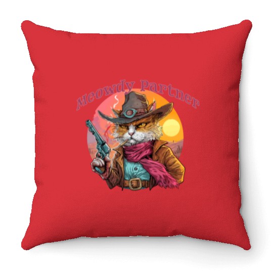 Purrfect Outlaw Showdown - Meowdy Partner Throw Pillows