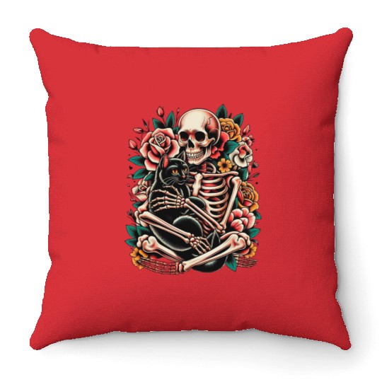 Skeleton Black Cat Floral Old School Vintage Throw Pillows