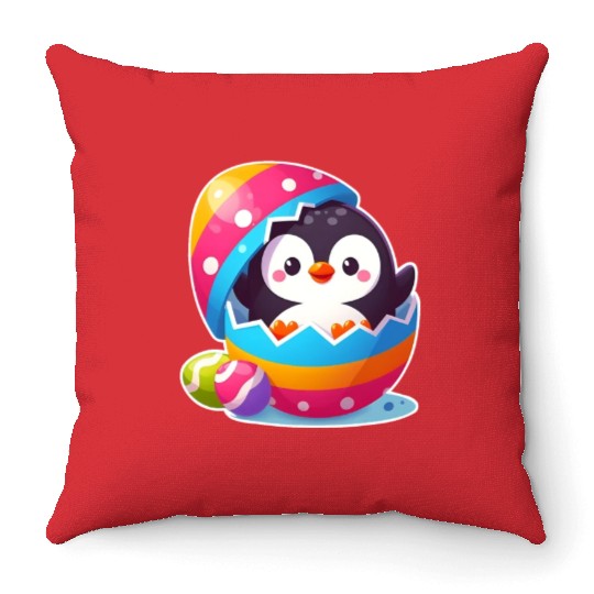 Penguin hatches from colorful Easter egg Throw Pillows