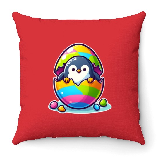 Penguin hatches from colorful Easter egg Throw Pillows
