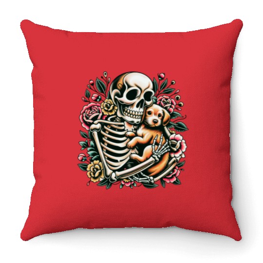 Skeleton Cute Puppy Dog Floral Old School Vintage Throw Pillows