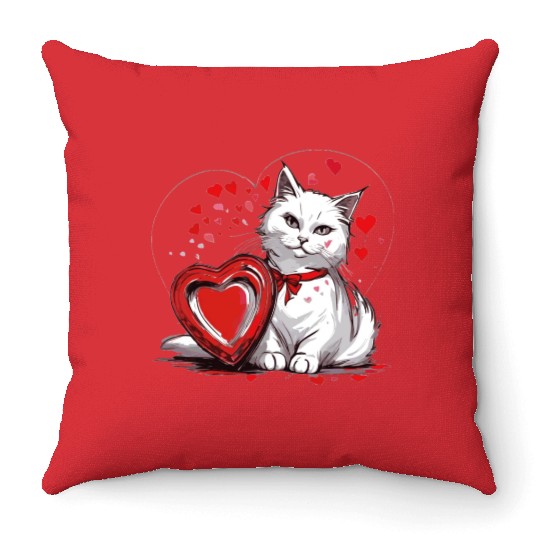 Valentines Day White Cat With Red Heart Box Throw Pillows