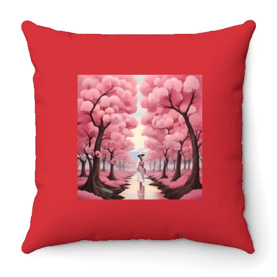 Japanese style art with cherry blossom festival Throw Pillows