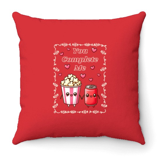 You Complete Me a cute kawaii-style popcorn cola Throw Pillows