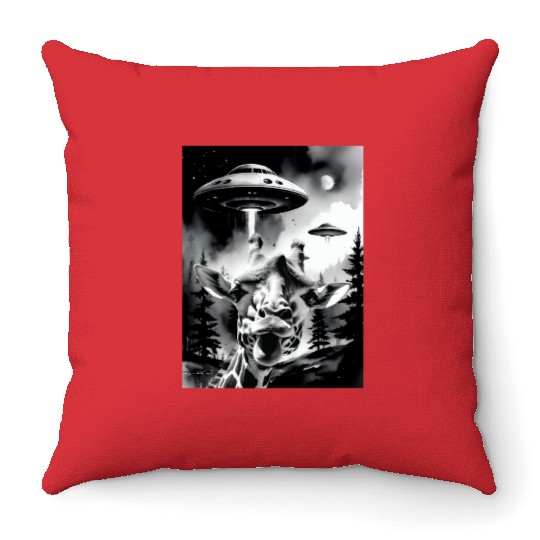 A lovely giraffe selfie with weird UFOs in a funny Throw Pillows