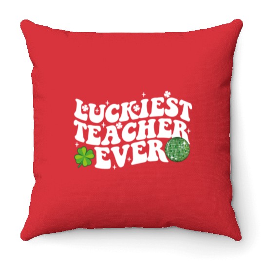 Luckiest Teacher Ever Disco Ball Shamrock Groovy Throw Pillows