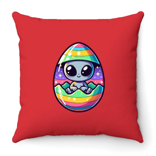 Alien Easter Egg Hatching: Colorful Surprise Throw Pillows