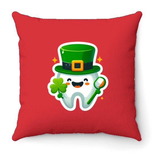 St patricks day cartoon dentist design, cute tooth Throw Pillows