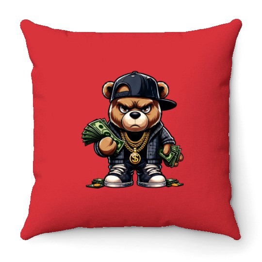 teddy bear with money Throw Pillows