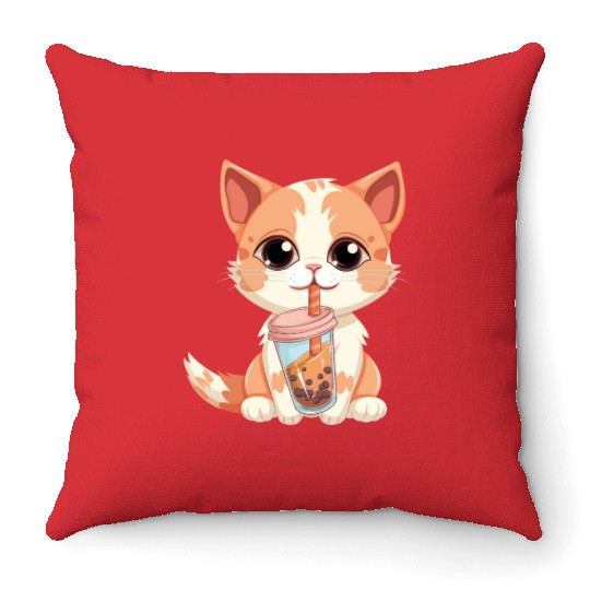 Cat Boba Tea Bubble Tea Anime Kawaii Neko Throw Pillows