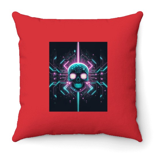 Retro neon cyberpunk pixelated skull Throw Pillows