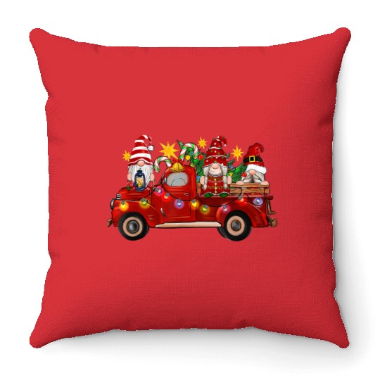 Three Gnomes In Red Truck Throw Pillows