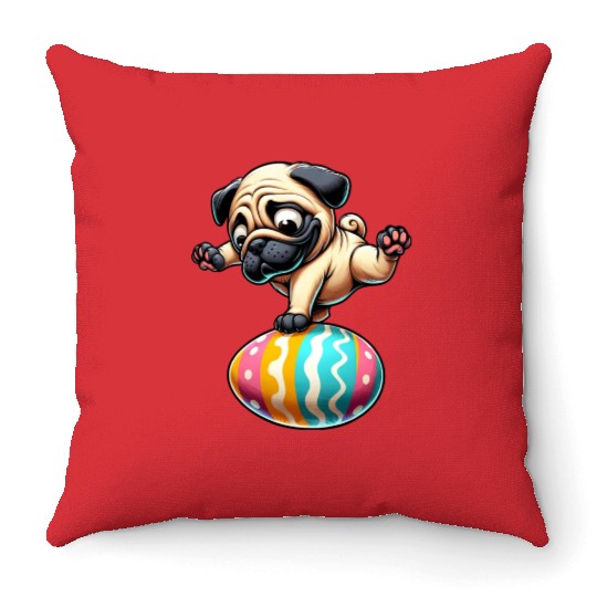 Easter Pug Breakdancing, Egg Balancing Throw Pillows