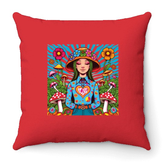 Mushroom 70 s Throw Pillows