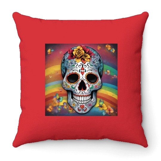 A Sugar Skull pastel colors & Rainbow Throw Pillows