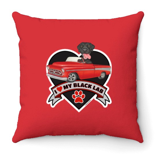 Cute black lab in classic truck inside a heart Throw Pillows