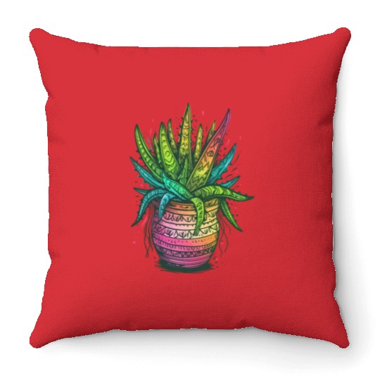 Psychedelic Aloe Vera Succulent Plant Gardener Throw Pillows