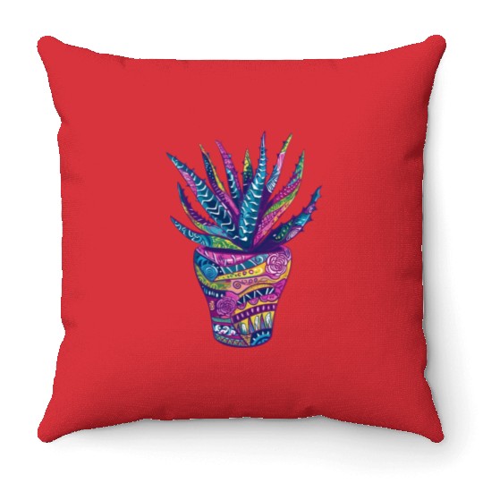 Psychedelic Aloe Vera Succulent Plant Garden Throw Pillows