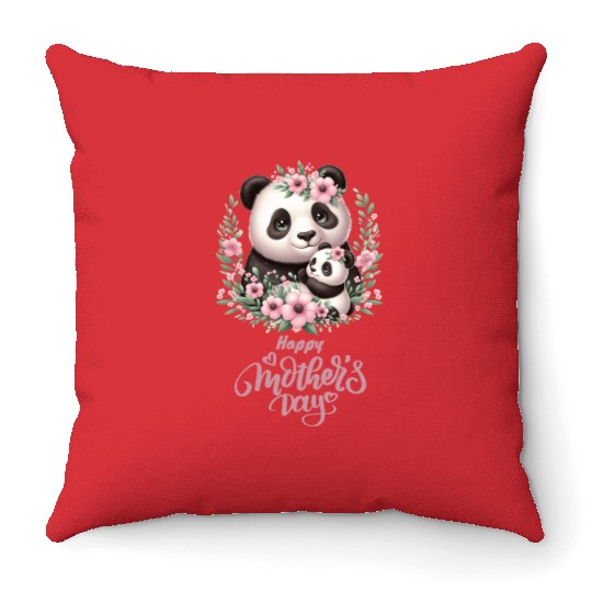 Happy Mother's Day Floral Wreath Mum Panda Throw Pillows