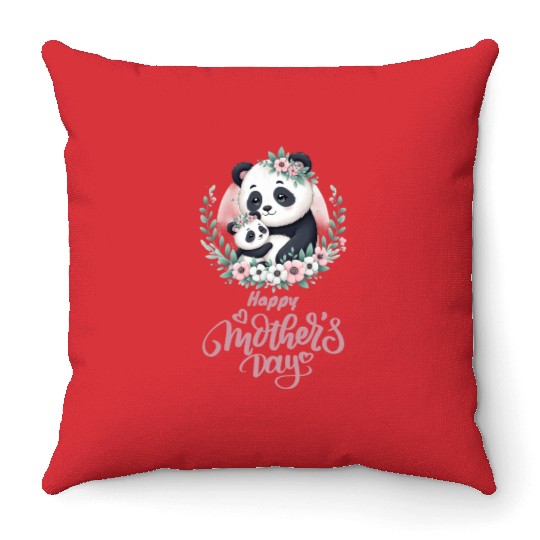 Happy Mother's Day Floral Wreath Mum Panda Throw Pillows