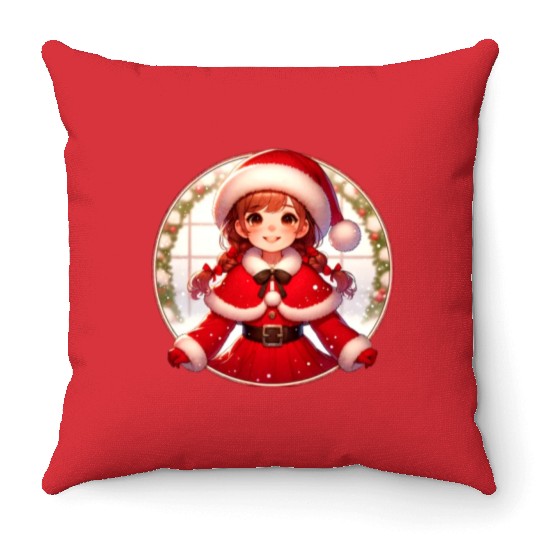 Santa Claus Girl Illustration Funny Christmas Throw Pillows