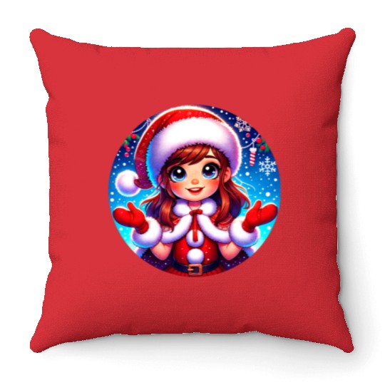 Santa Claus Girl Illustration Funny Christmas Throw Pillows