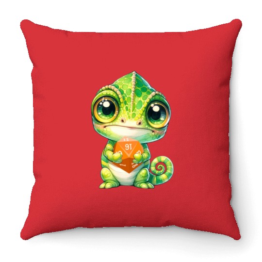 Chameleon Holding 20-sided Dice Throw Pillows