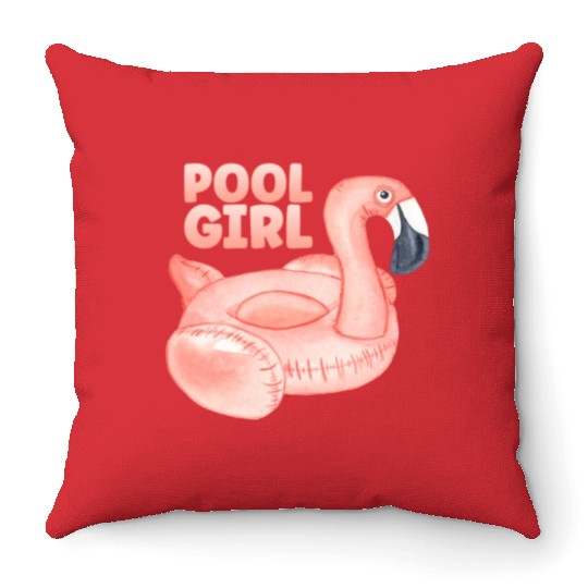 Pool Girl Flamingo Floatie Swimming Pool Throw Pillows
