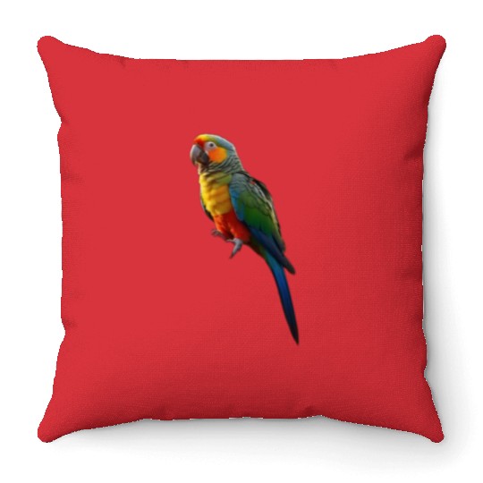 Picture of a parrot colored in bright green, red, Throw Pillows