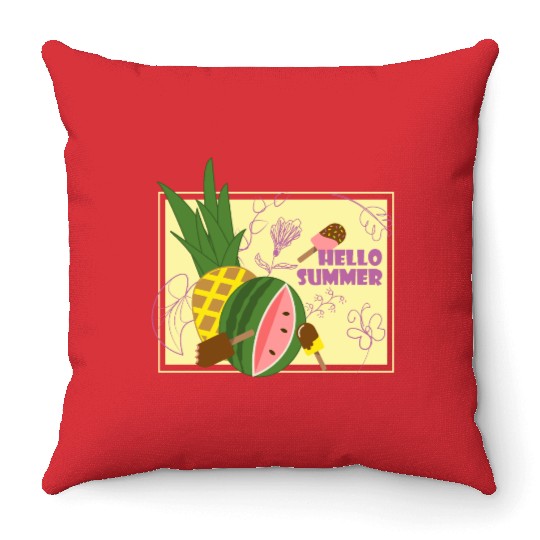 Hello summer fruit ice cream flowers & butterfly Throw Pillows